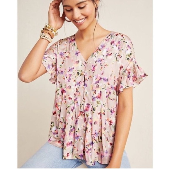 Anthropologie‎ Dolan Mitzi Pleated Floral Blouse Dusty Rose Size XS - Picture 1 of 10